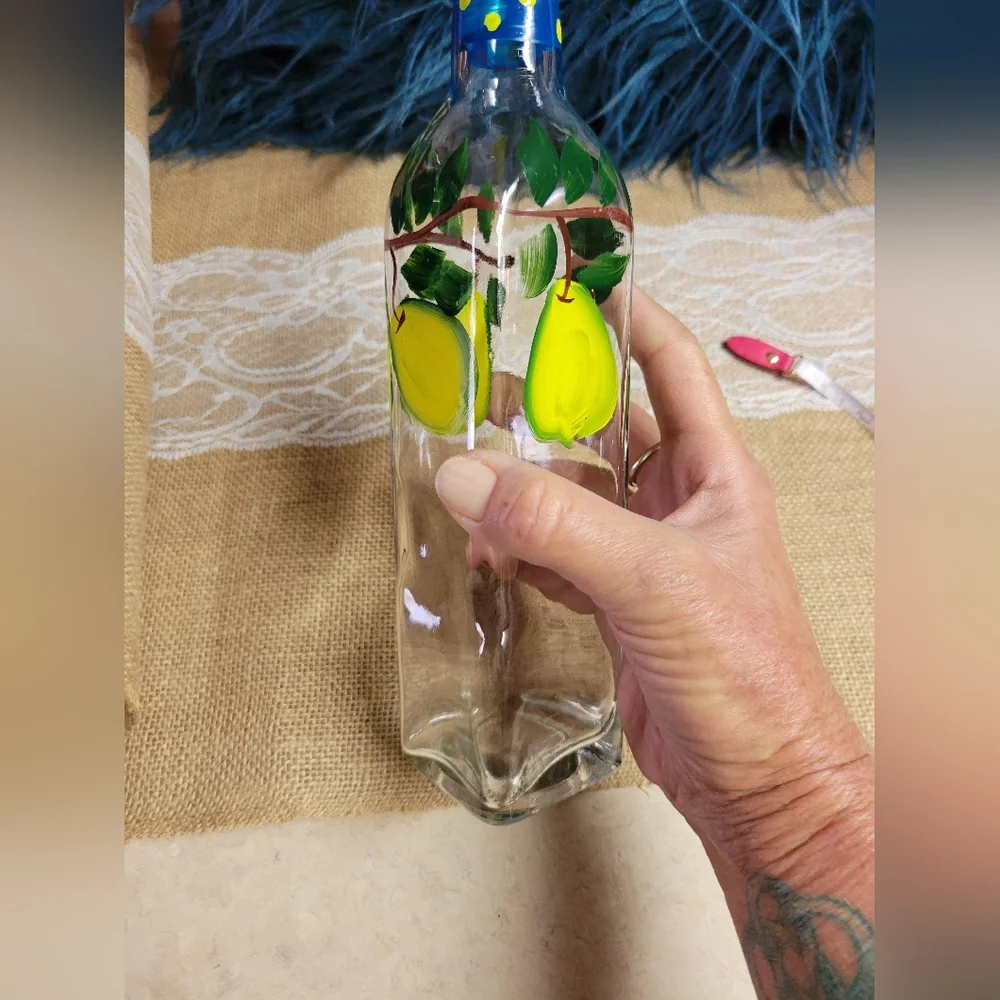Vintage glass hand painted oil bottle great condition no chips no spout